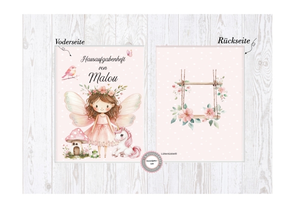 zauberhaftes Schulheft Umschlag Elfen Feen Name Hausaufgabenheft in seperater Hochwertiger Hülle Einschulung Schulkind von Lüttentüddel®